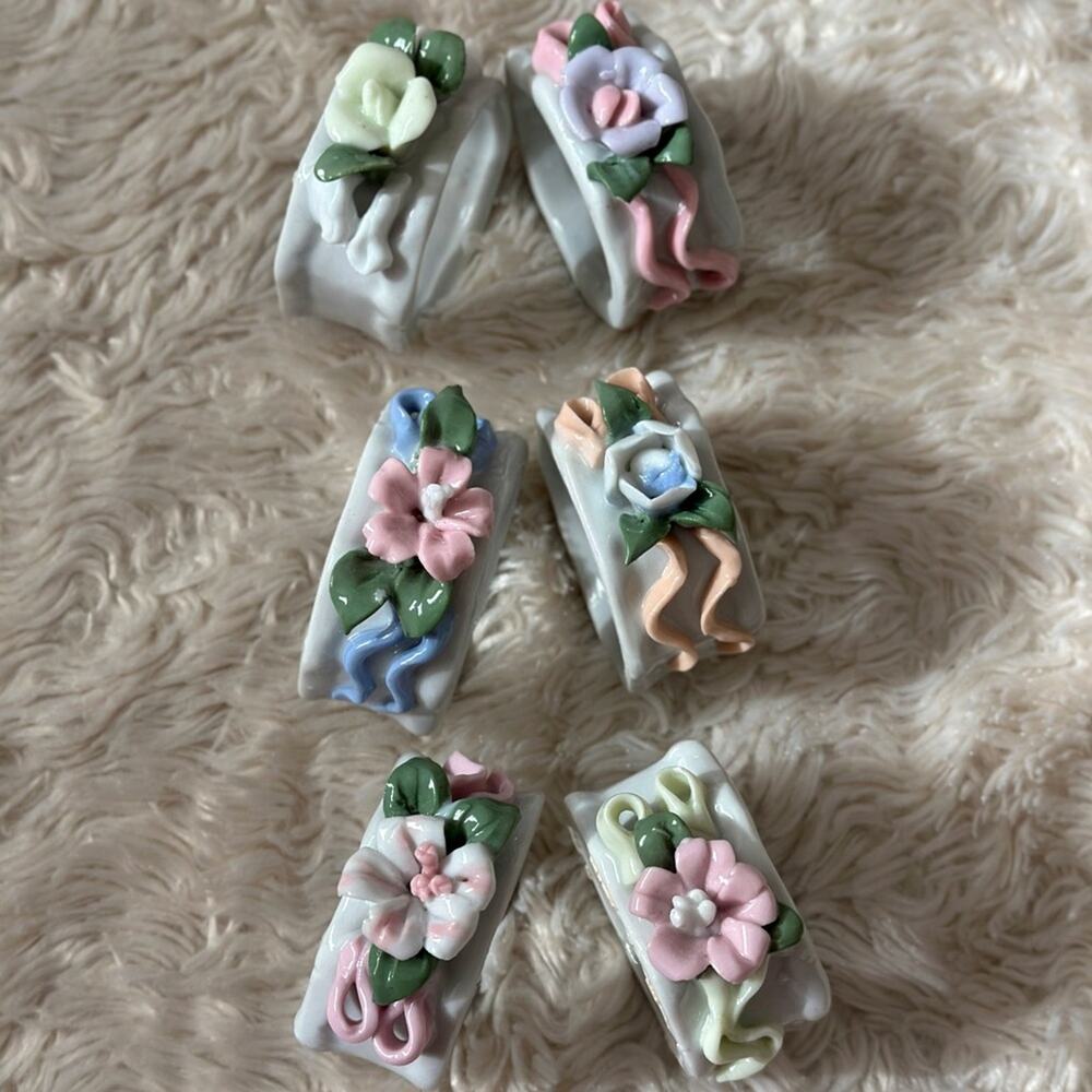 Set of Six Vintage Napkin Rings Pastel Floral Fine China Ceramic Pastel Garden